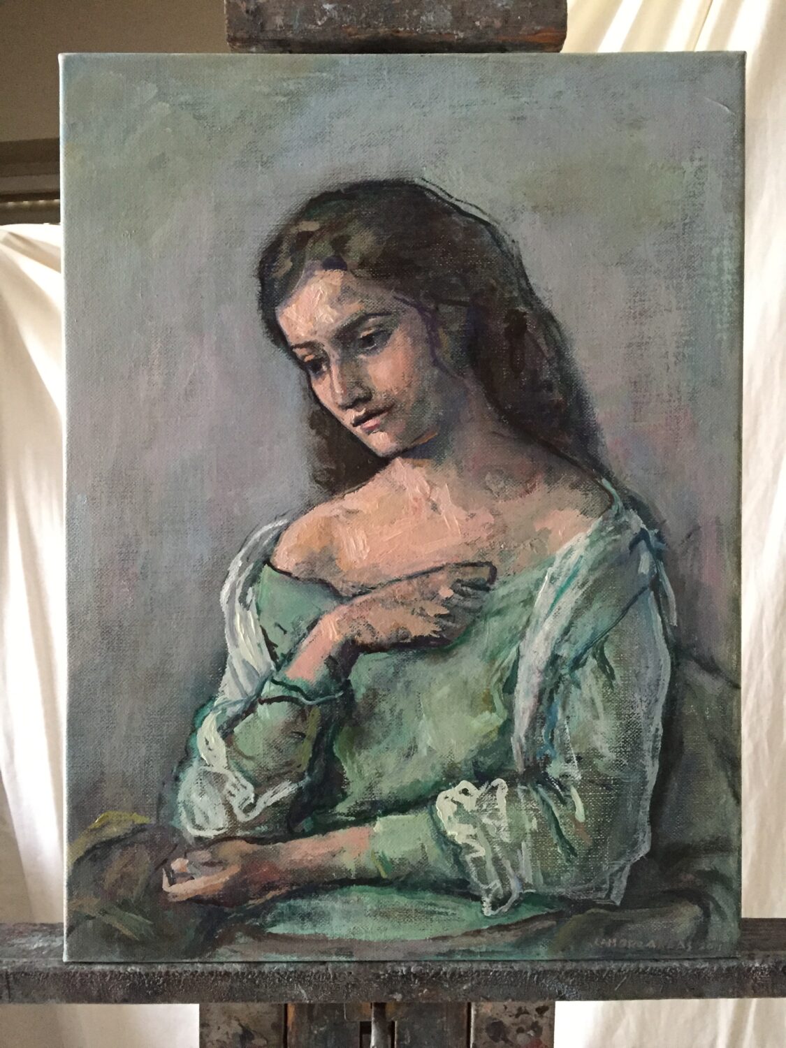 Portrait of a woman in green, painting by Lambro Ahlas