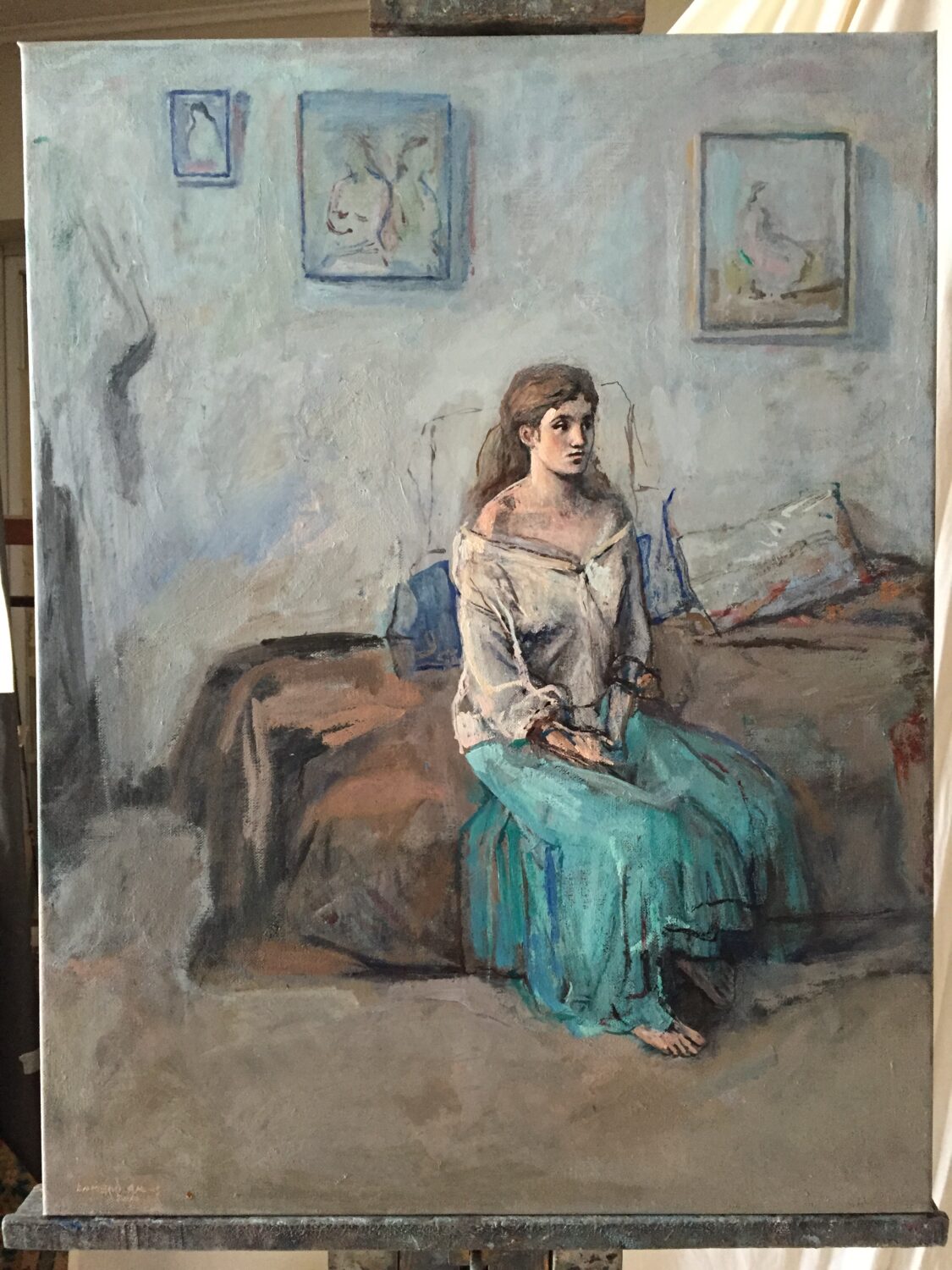 Seated woman in a turquoise skirt, painting by Lambro Ahlas