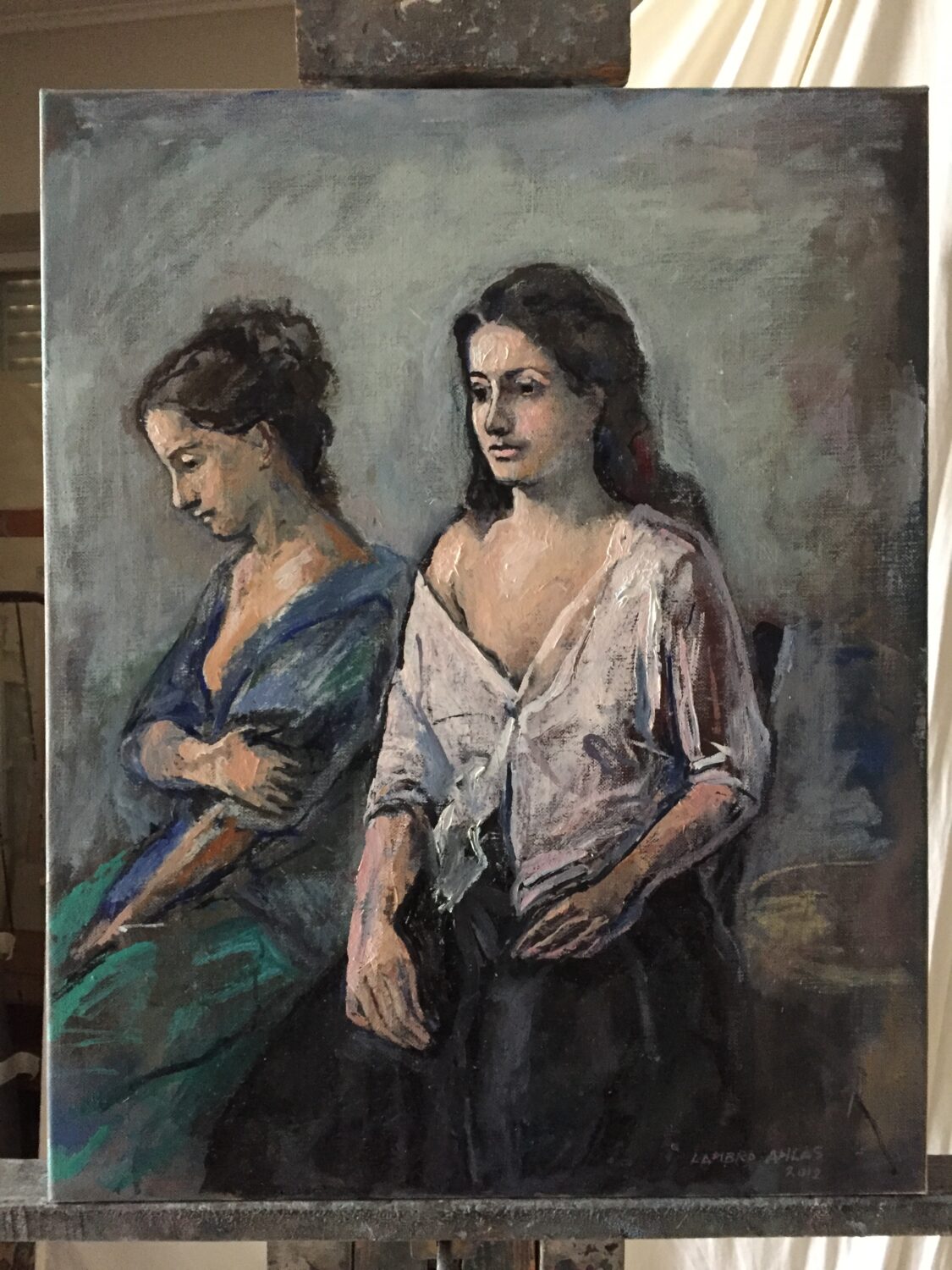 Two women in blue and green, painting by Lambro Ahlas