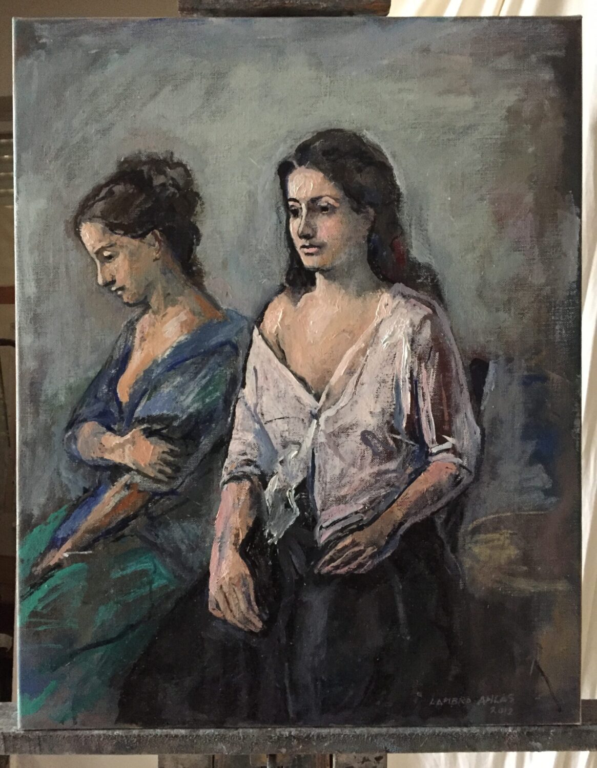 Two women in blue and green, painting by Lambro Ahlas