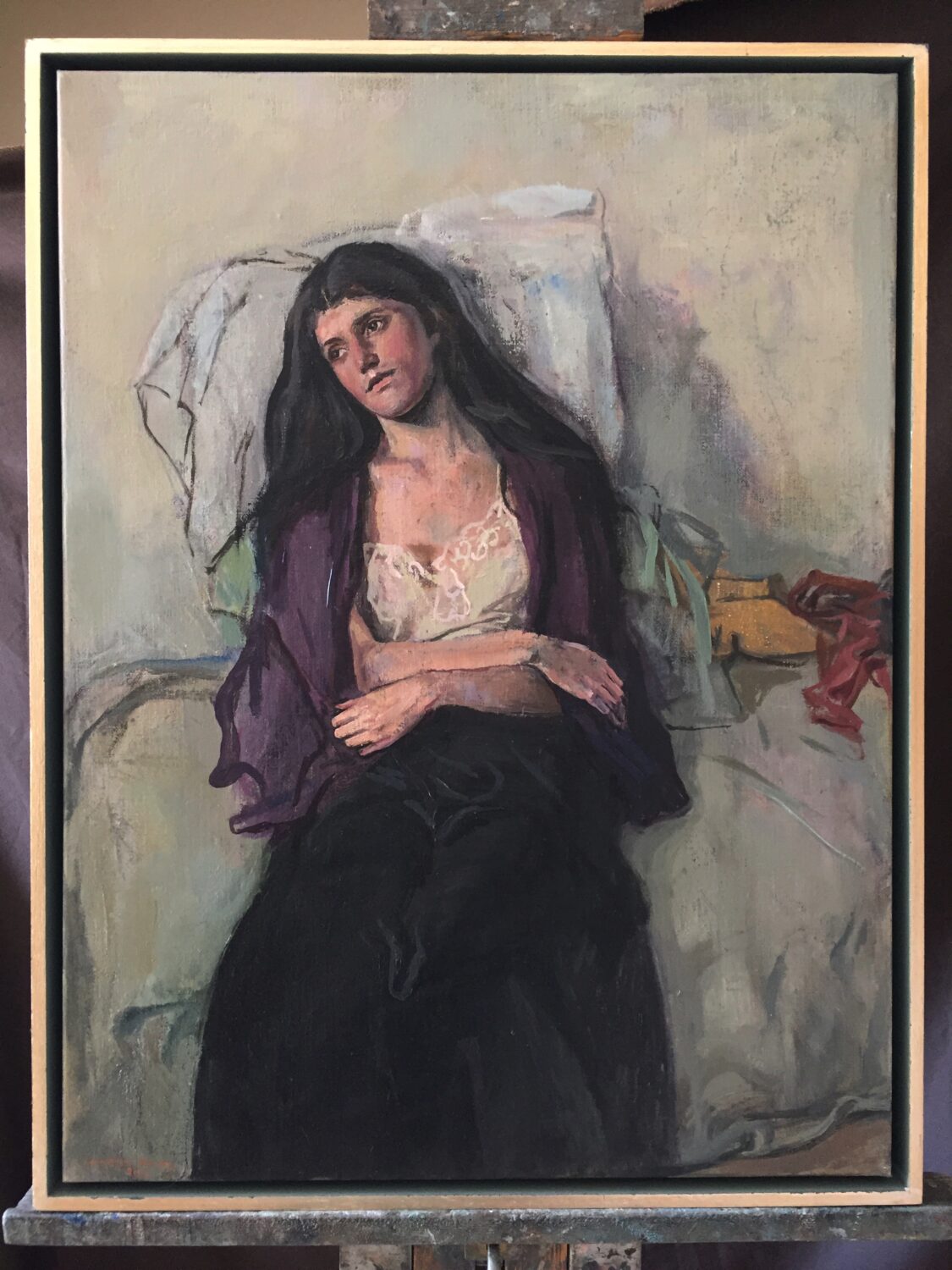 Seated woman in purple, painting by Lambro Ahlas