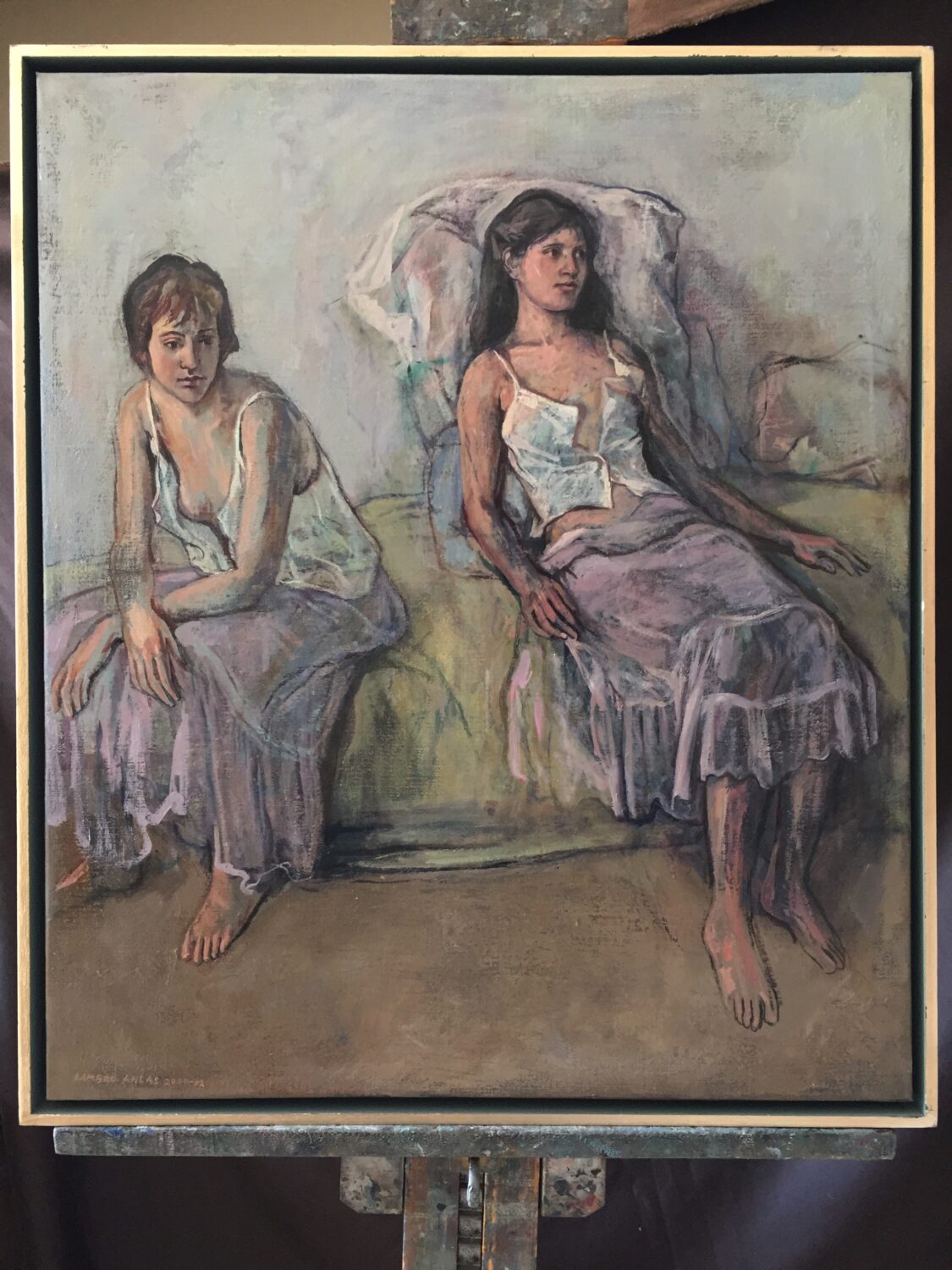 Two seated women, painting by Lambro Ahlas