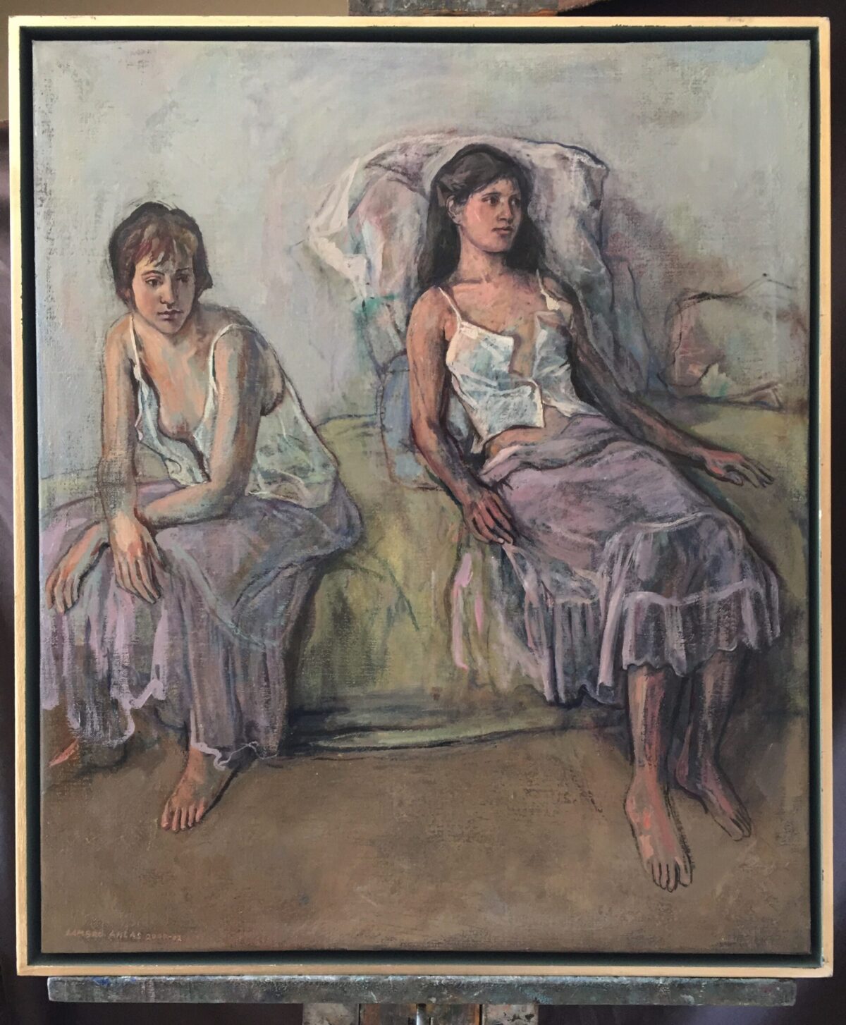 Two seated women, painting by Lambro Ahlas