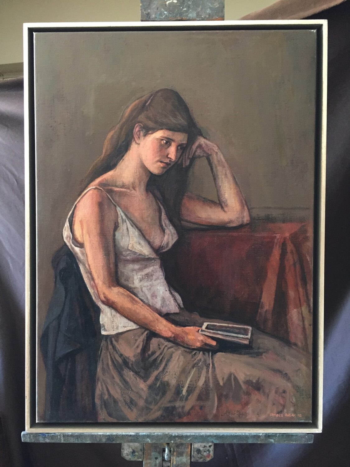 Seated woman reading, painting by Lambro Ahlas