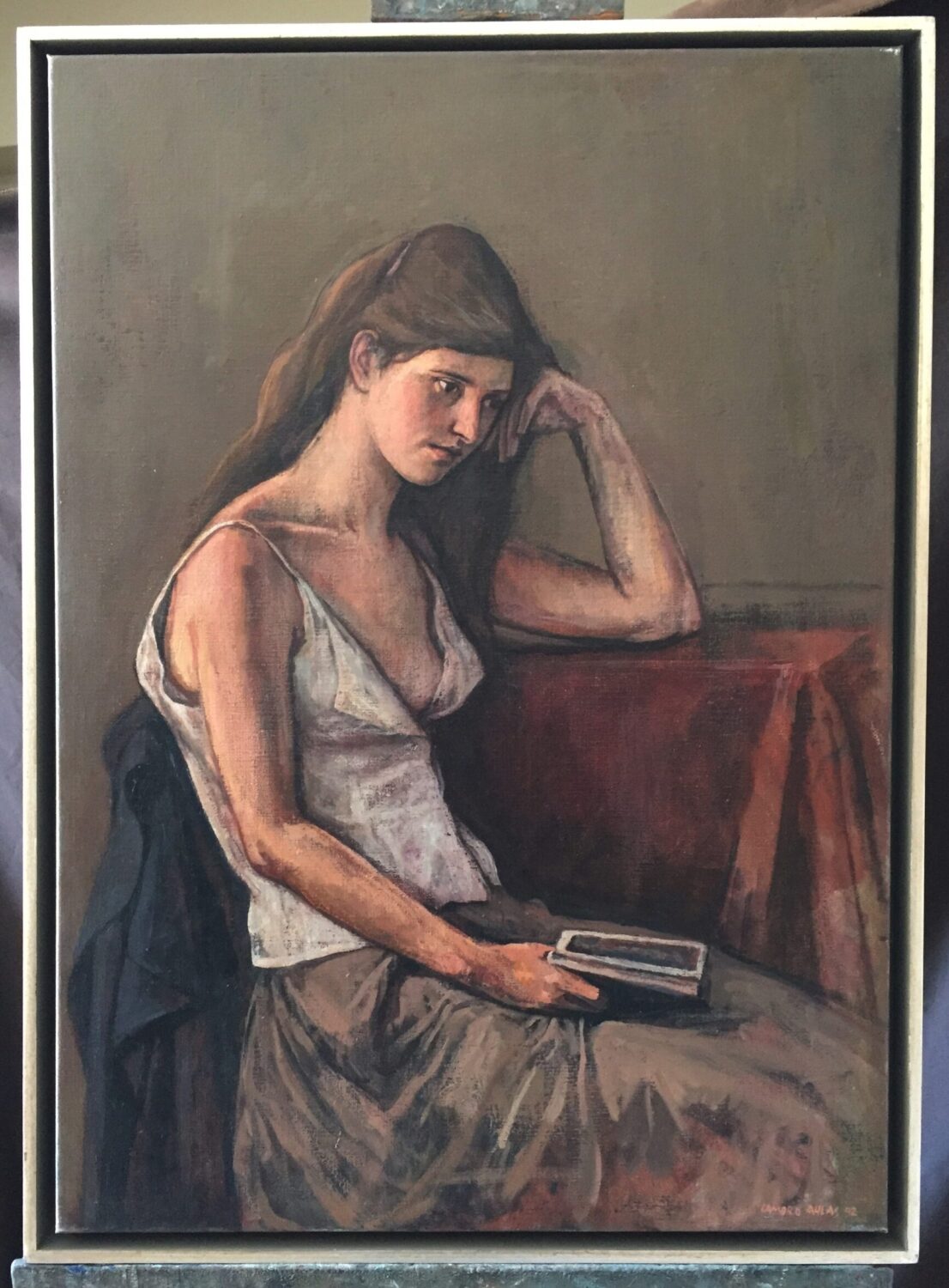 Seated woman reading, painting by Lambro Ahlas