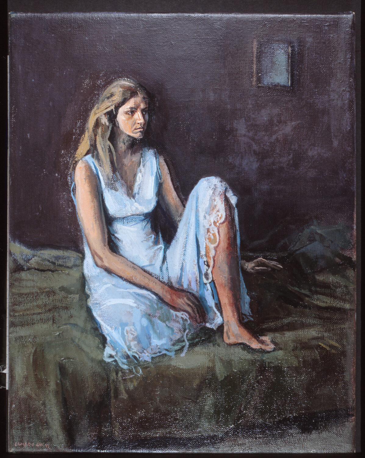 Seated woman in white, painting by Lambro Ahlas
